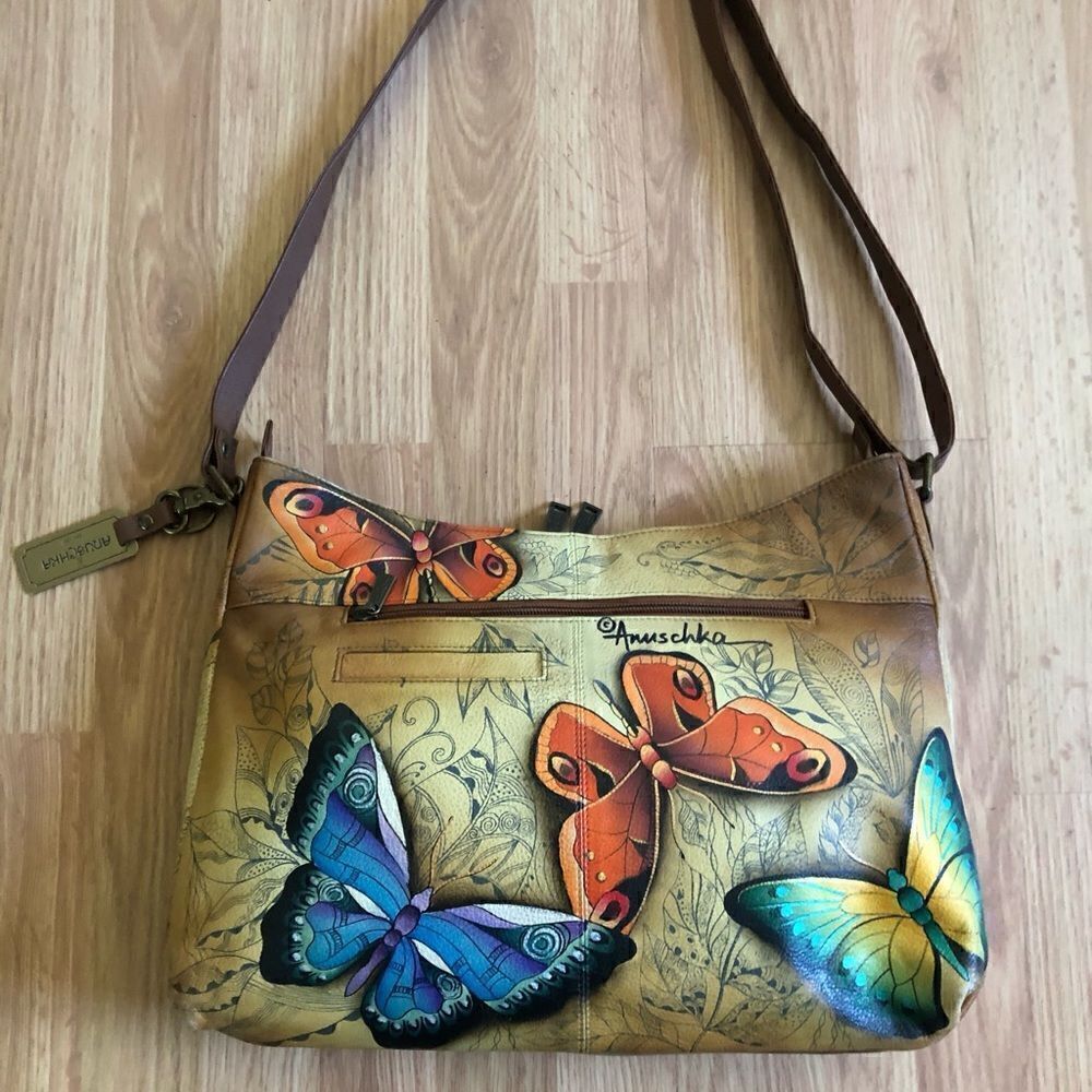 NWT ANUSCHKA India Hand-Painted Leather Butterfly Purse Shoulder Bag - Picture 2 of 15